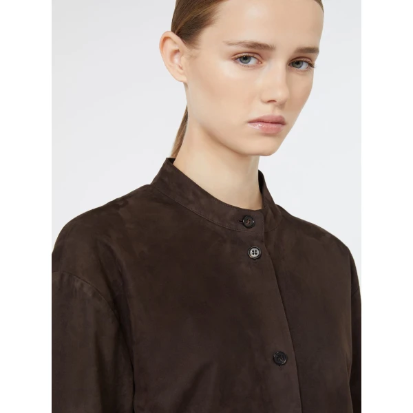 Max Mara Danzante Suede Mandarin-Neck Jacket in Brown | Leather Jackets | Coveti