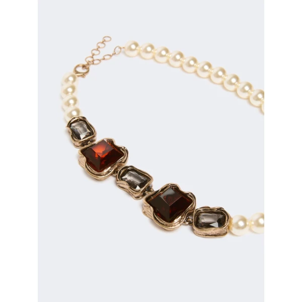 Max Mara Deco Necklace with Pearls and Gemstones in Gold | Necklace | Coveti