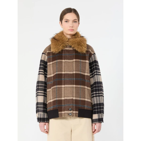 Max Mara Divina Checked Wool Bomber Jacket in Brown | Jackets | Coveti