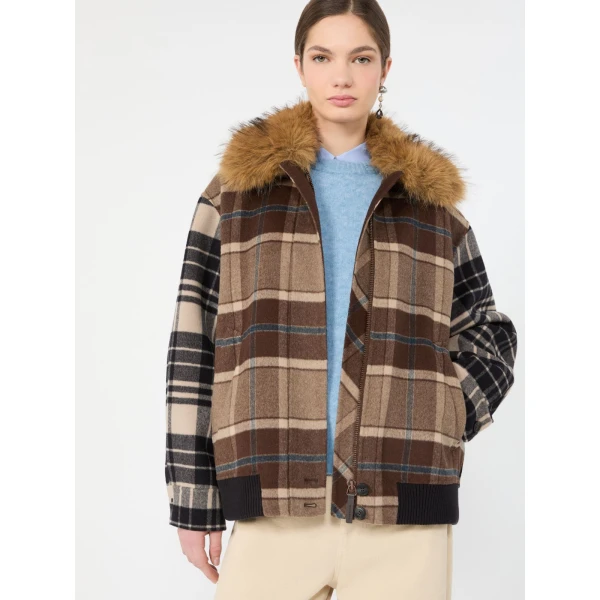 Max Mara Divina Checked Wool Bomber Jacket in Brown | Jackets | Coveti