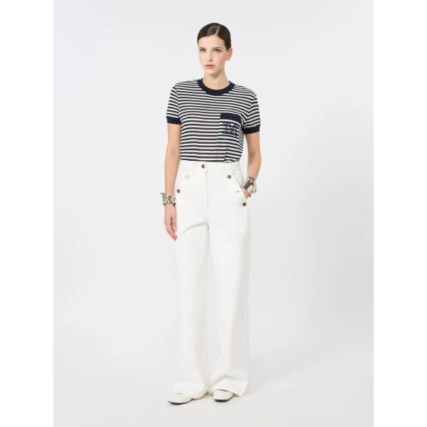Max Mara Drago Striped Cotton Mesh T-Shirt in White Blue | T-shirts | Coveti