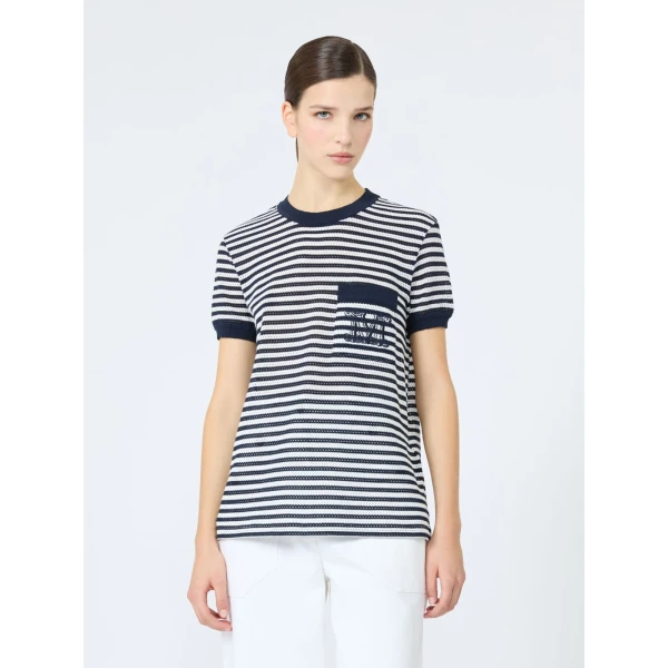 Max Mara Drago Striped Cotton Mesh T-Shirt in White Blue | T-shirts | Coveti