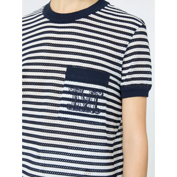 Max Mara Drago Striped Cotton Mesh T-Shirt in White Blue | T-shirts | Coveti