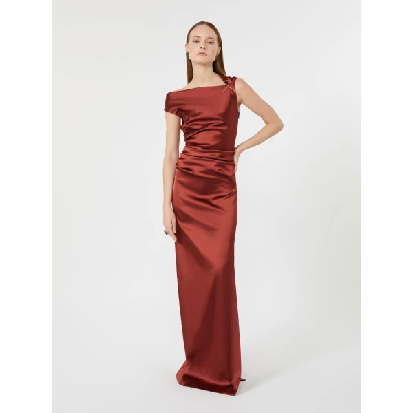 Max Mara Dream Long Stretch Satin Dress in Antique Rose | Evening Gowns | Coveti