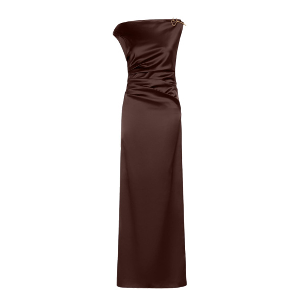 Max Mara Dream Long Stretch Satin Dress in Dark Brown | Evening Gowns | Coveti