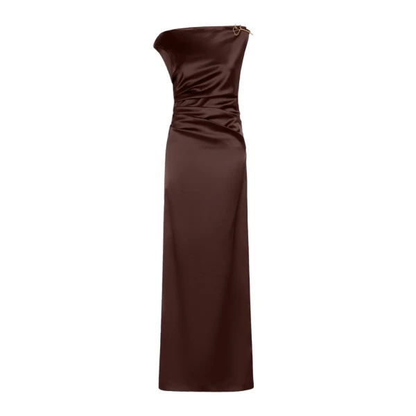 Dream Long Stretch Satin Dress in Dark Brown
