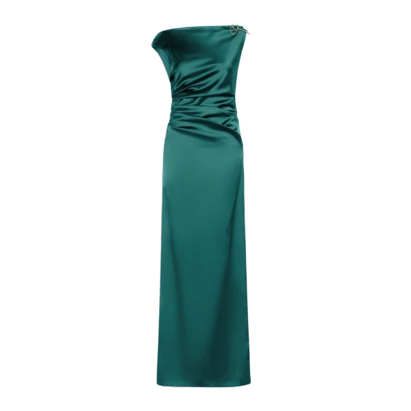 Dream Long Stretch Satin Dress in Dark Green