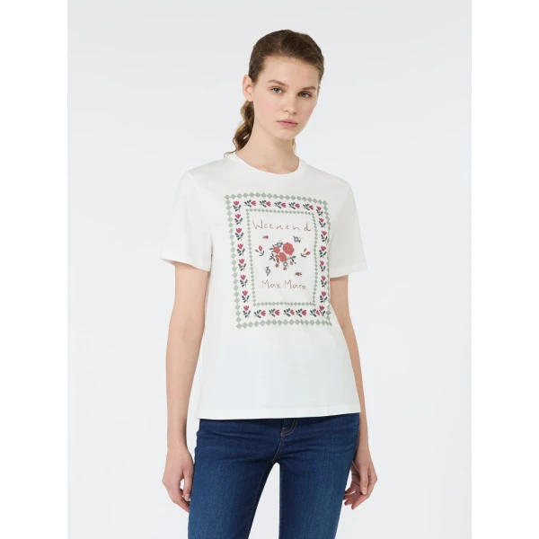 Max Mara Edison Printed Cotton T-Shirt in White | T-shirts | Coveti