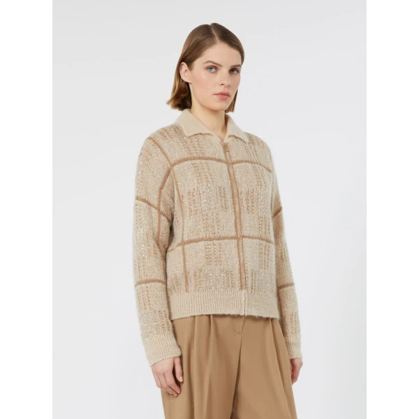 Max Mara Egizio Jacquard Wool, Mohair and Cashmere Cardigan in Ecru | Cardigan | Coveti