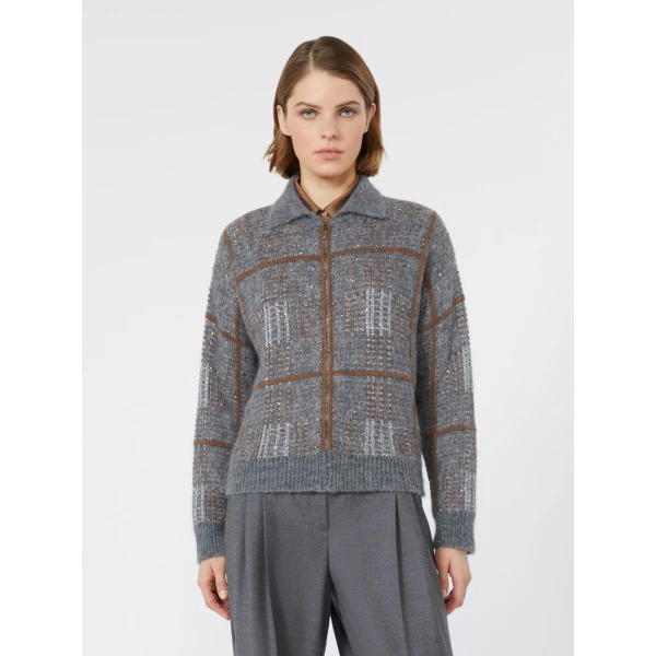 Max Mara Egizio Jacquard Wool, Mohair and Cashmere Cardigan in Medium Grey | Cardigan | Coveti