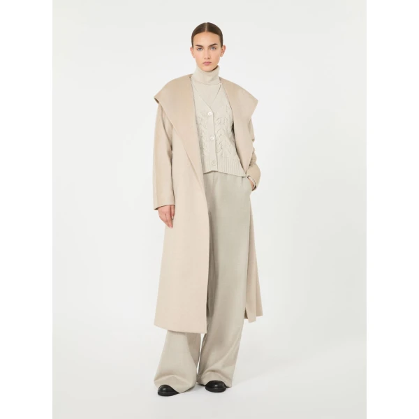 Max Mara Elegia Hooded Cashmere Robe Coat in Sand | Wool Coat | Coveti