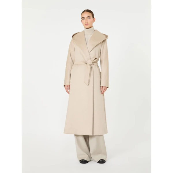 Max Mara Elegia Hooded Cashmere Robe Coat in Sand | Wool Coat | Coveti