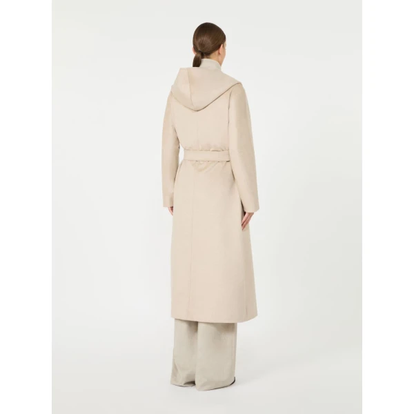 Max Mara Elegia Hooded Cashmere Robe Coat in Sand | Wool Coat | Coveti