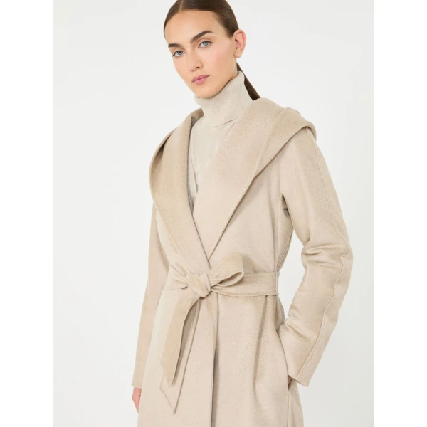 Max Mara Elegia Hooded Cashmere Robe Coat in Sand | Wool Coat | Coveti