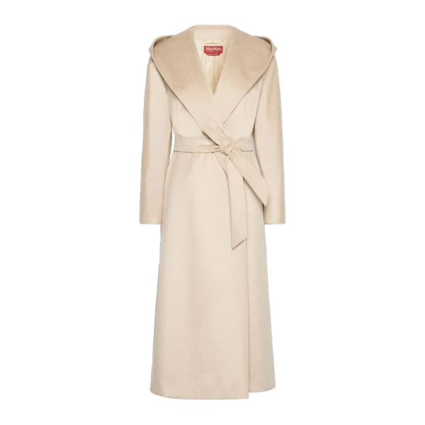Max Mara Elegia Hooded Cashmere Robe Coat in Sand | Wool Coat | Coveti