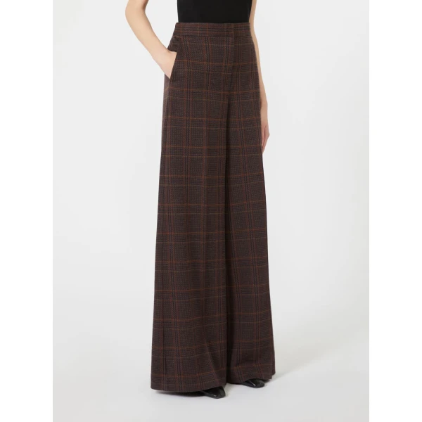 Max Mara Emiro Wide Glen Plaid Jersey Trousers in Brown Bordeaux | Wide leg pants | Coveti