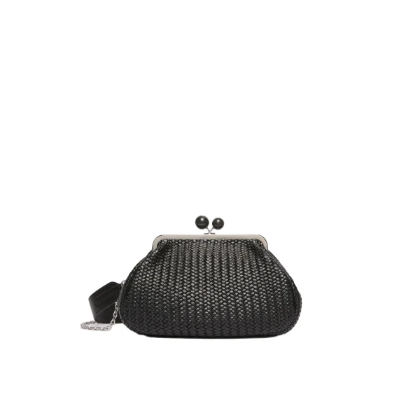 Max Mara Ere Medium Woven Leather Pasticcino Bag in Black | Clutch Bags | Coveti