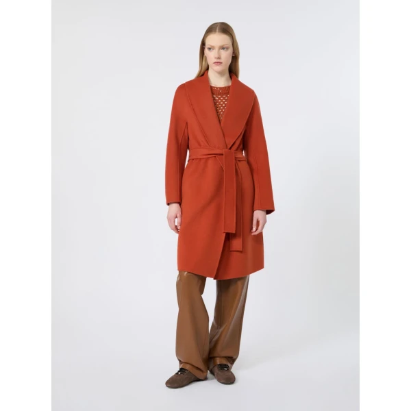 Max Mara Estremo Wool, Cashmere and Silk Robe Coat in Terra Cotta | Wool Coat | Coveti