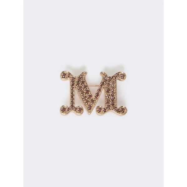 Max Mara Facella Crystal Monogram Brooch in Camel | Brooches & Pins | Coveti