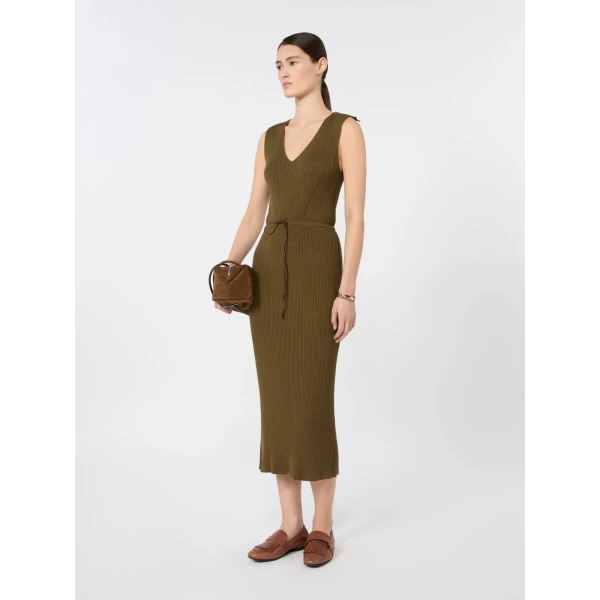 Max Mara Fado Rib-Knit Cotton and Viscose Dress in Mud | Maxi Dresses | Coveti