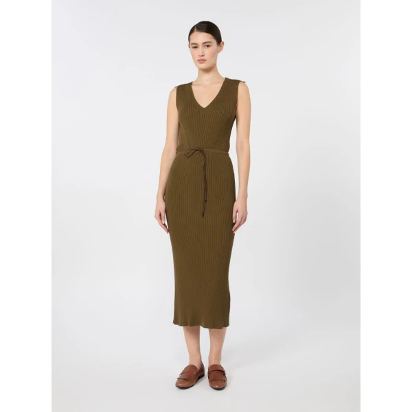 Max Mara Fado Rib-Knit Cotton and Viscose Dress in Mud | Maxi Dresses | Coveti