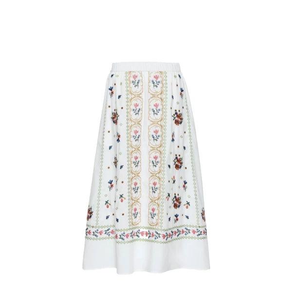 Falla Long Embroidered Cotton Skirt in White
