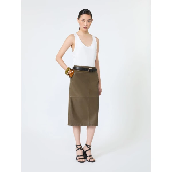 Max Mara Fantino Natural Nappa Leather Pencil Skirt in Khaki | Leather Skirts | Coveti