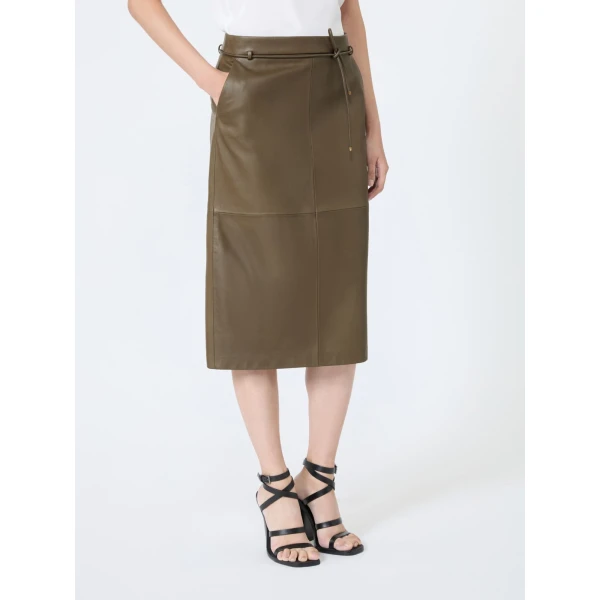 Max Mara Fantino Natural Nappa Leather Pencil Skirt in Khaki | Leather Skirts | Coveti