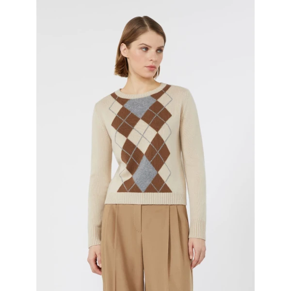 Max Mara Faraone Argyle Wool and Cashmere Sweater in Ecru | Sweaters | Coveti