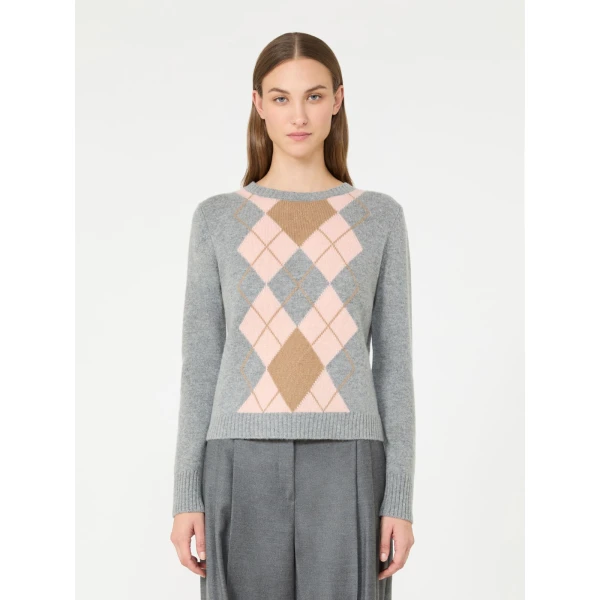 Max Mara Faraone Argyle Wool and Cashmere Sweater in Light Grey | Sweaters | Coveti