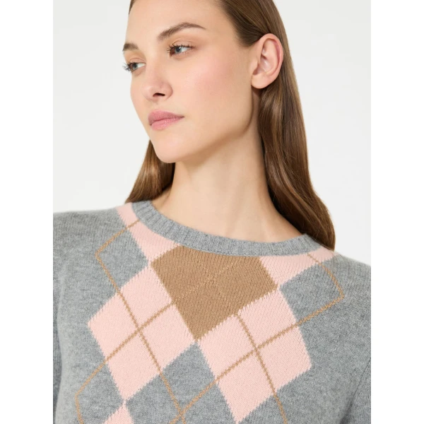 Max Mara Faraone Argyle Wool and Cashmere Sweater in Light Grey | Sweaters | Coveti