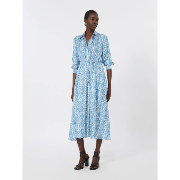 Max Mara Faraone Long Printed Silk Shirt Dress in Ocean Blue | Shirtdress | Coveti