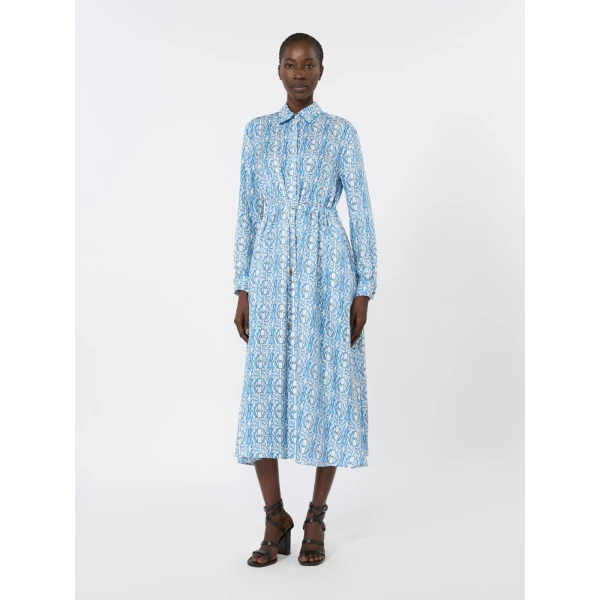 Max Mara Faraone Long Printed Silk Shirt Dress in Ocean Blue | Shirtdress | Coveti