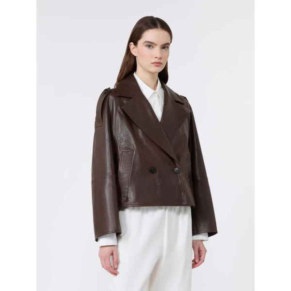 Max Mara Felino Nappa Leather Pea Coat in Chocolate | Leather Coats | Coveti