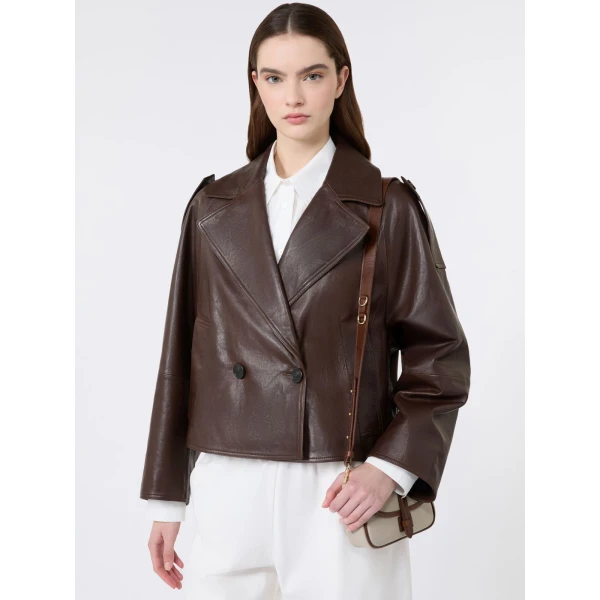 Max Mara Felino Nappa Leather Pea Coat in Chocolate | Leather Coats | Coveti