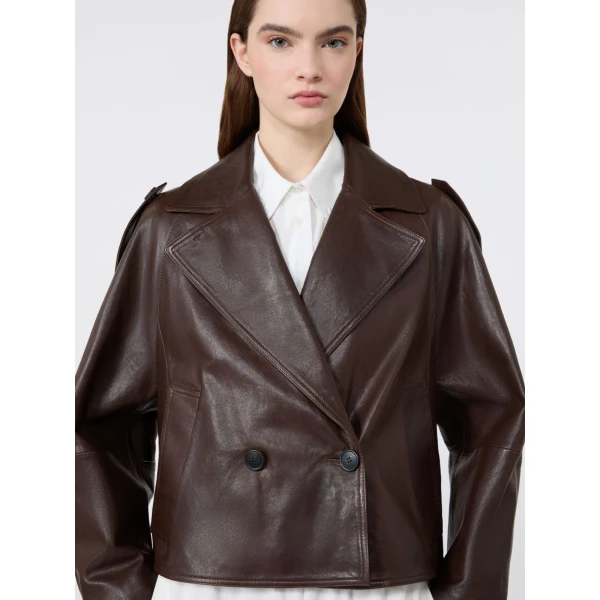 Max Mara Felino Nappa Leather Pea Coat in Chocolate | Leather Coats | Coveti
