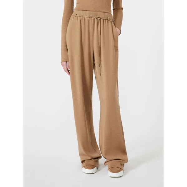 Max Mara Feltre Double Wool Jersey Trousers in Camel | Wide leg pants | Coveti
