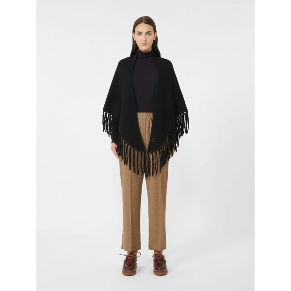Max Mara Fringed Wool Shawl in Black | Scarves | Coveti