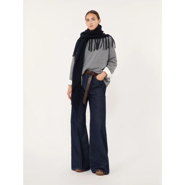 Max Mara Fringed Wool Shawl in Navy | Scarves | Coveti