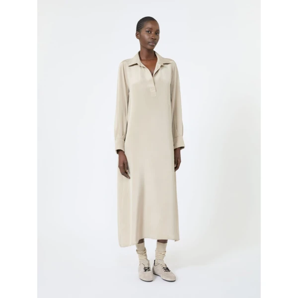 Max Mara Gambero Silk Crepe de Chine Polo Dress in Stone Grey | Maxi Dresses | Coveti