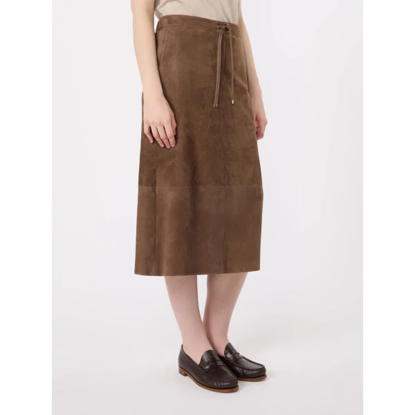 Max Mara Gazza Suede Midi Skirt in Mud | Leather Skirts | Coveti