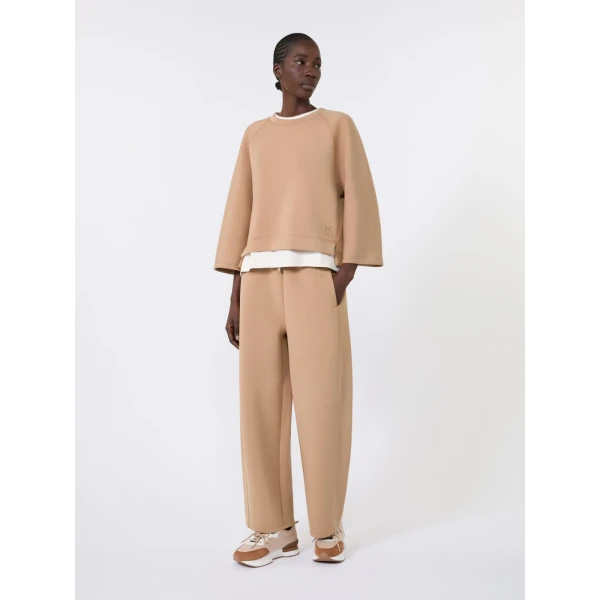 Max Mara Getto Scuba Jersey Barrel-Leg Trousers in Tobacco | Wide leg pants | Coveti