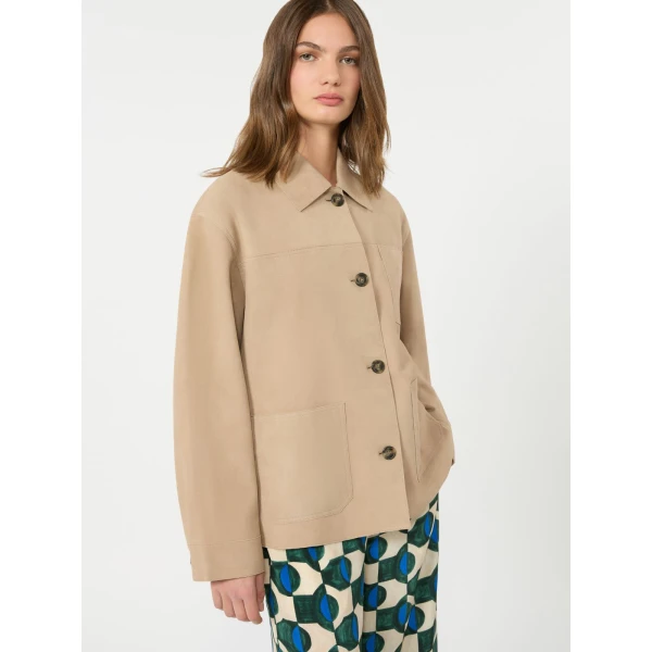 Max Mara Ghiera Suede Pocket Shacket in Beige | Leather Jackets | Coveti