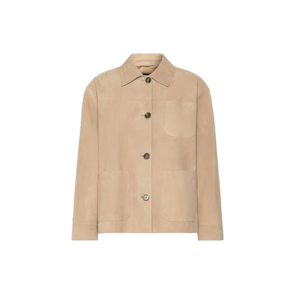 Max Mara Ghiera Suede Pocket Shacket in Beige | Leather Jackets | Coveti