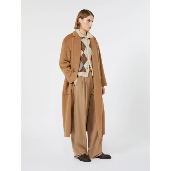 Max Mara Giambo Long Wool Beaver Cloth Coat in Camel | Wool Coat | Coveti