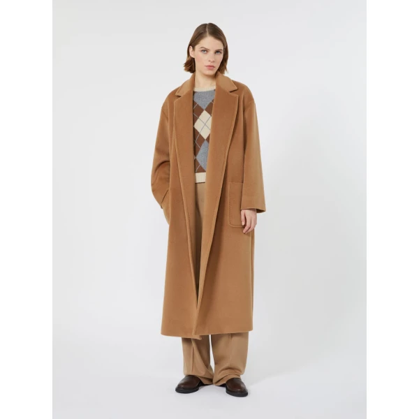 Max Mara Giambo Long Wool Beaver Cloth Coat in Camel | Wool Coat | Coveti