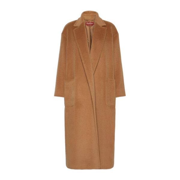 Max Mara Giambo Long Wool Beaver Cloth Coat in Camel | Wool Coat | Coveti