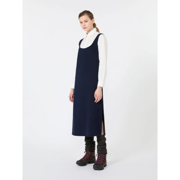 Max Mara Giambo Wool Blend Drap Midi Dress in Midnight Blue | Midi Dresses | Coveti