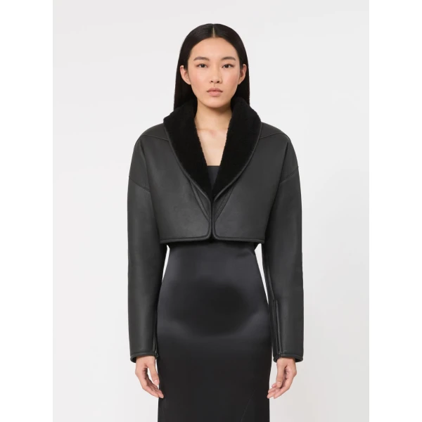 Max Mara Gigante Cropped Sheepskin Jacket in Dark Grey | Shearling Jackets | Coveti