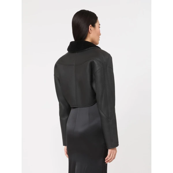 Max Mara Gigante Cropped Sheepskin Jacket in Dark Grey | Shearling Jackets | Coveti